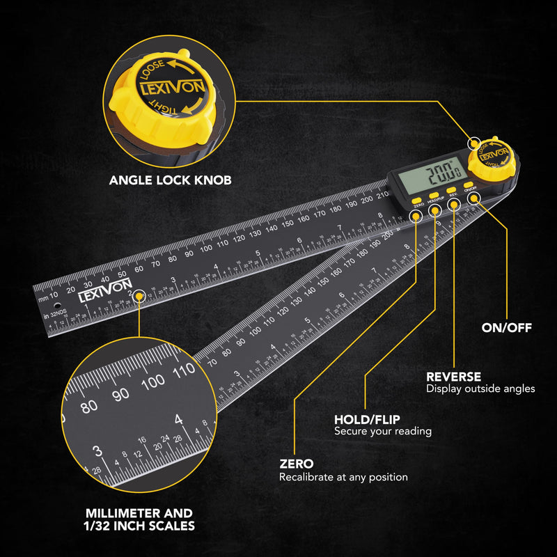 [Australia - AusPower] - LEXIVON Aluminum Digital Angle Finder Gauge, 10-inch/250mm Multi-Purpose Protractor, Includes XL Display and Rugged Zippered Pouch (LX-DAF10) 10 Inch 