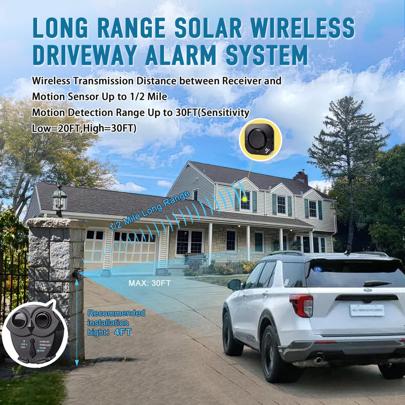 [Australia - AusPower] - 1/2 Mile Long Range Solar Wireless Driveway Alarm System IP65 Weatherproof Outdoor Motion Detectors&Sensor 120dB Siren Sound Light Security Alert System Monitor&Protect Outdoor/Indoor Property(1R2S) 1Receiver and 2Sensors 