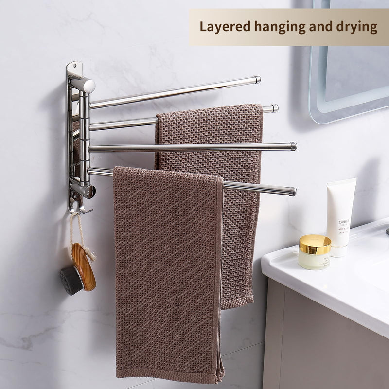 Swivel Towel Rack, 14" Thicken 304 Stainless Steel 4-Arm Adjustable Towel Bar,Wall Mounted Towel Holder with Hook, Space Saving for Kitchen, Bathroom, Outdoor (Silver, 4 Arms) Silver 4-arms