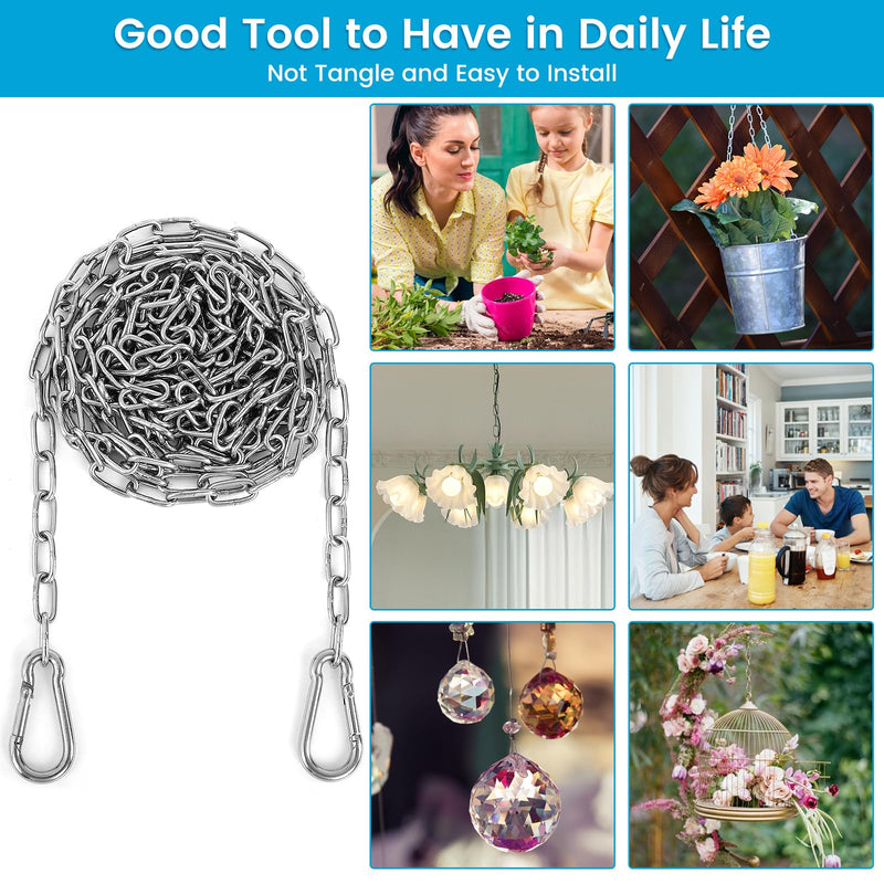 [Australia - AusPower] - 10 Feet Long Light Duty Chain, 5/64 Inch Small Metal Chain with 5/32 in Carabiners, Easy to Adjust Stainless Steel Link Chain for Indoor Outdoor Hanging Bird Feeder Wind Chimes Signs Planters Silver 