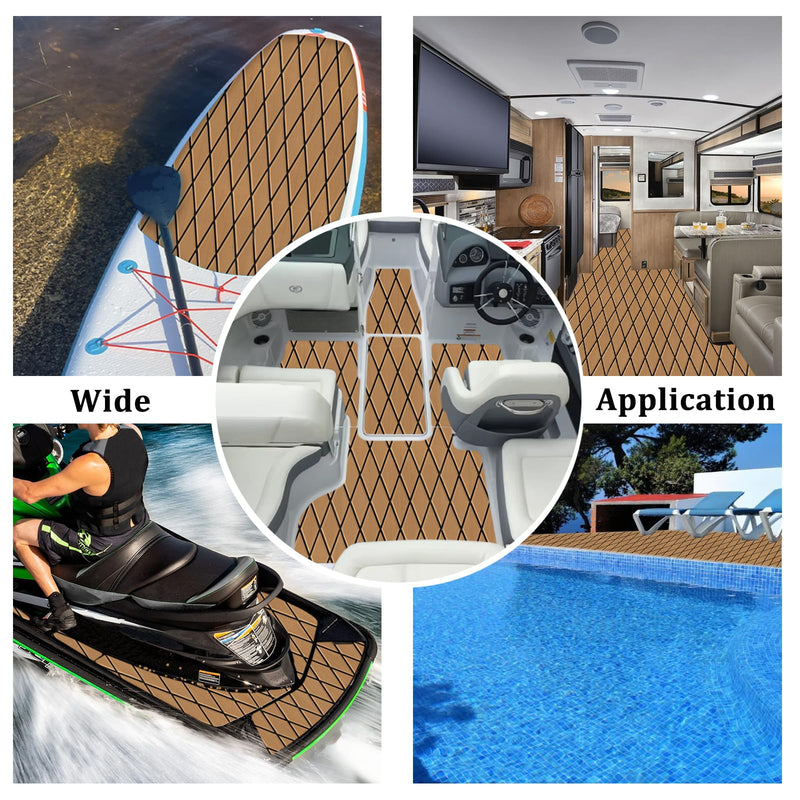 HXBYX EVA Foam Boat Flooring with 3M Adhesive Backing 6mm Thick Diamond Sea Deck Boat Carpet Marine Non-Slip Self-Adhesive Flooring Sheet for Kayak Yacht SwimPool RV 94"x43.9"/28.3"/15.3" Brown With Black Seam Lines 94"x15.3"-10.12sqft