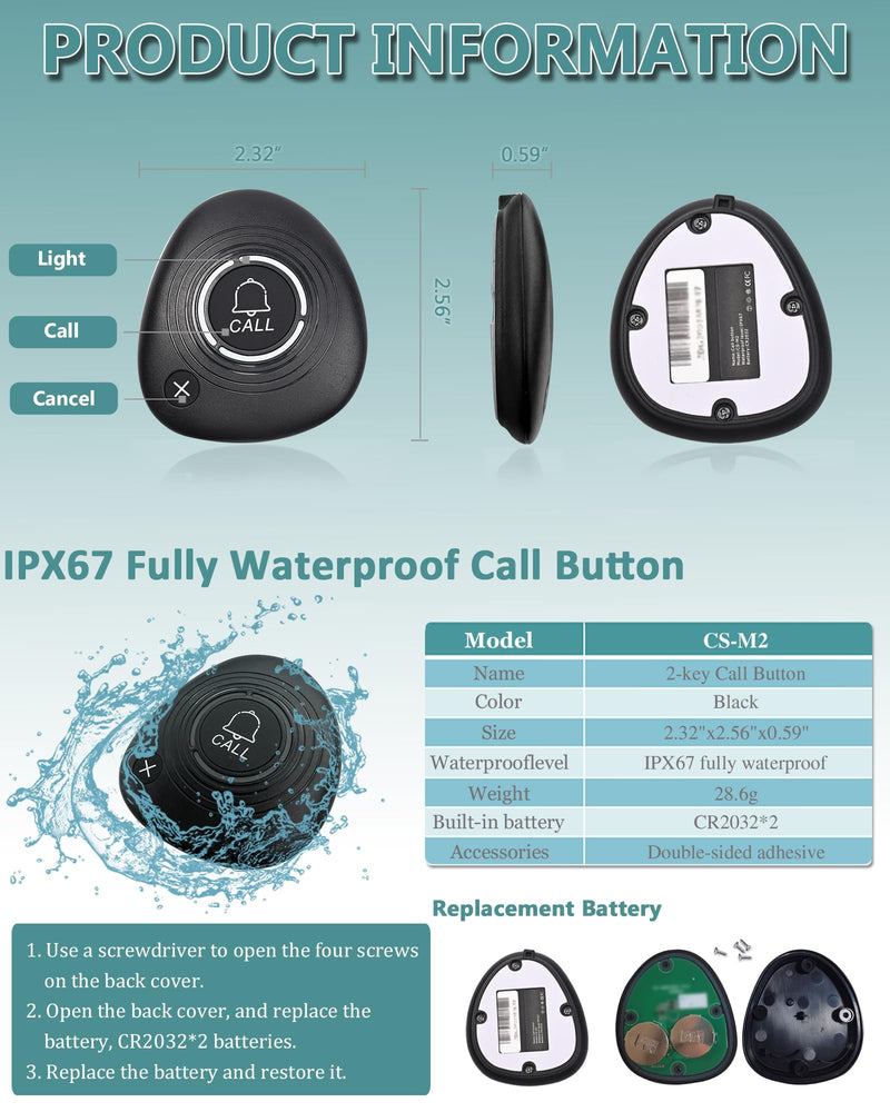 [Australia - AusPower] - Wireless Restaurant Pager System Calling System with 1 Waterproof Watch Pager and 2 Call Buttons with Cancel Key 200VT+M2-2 