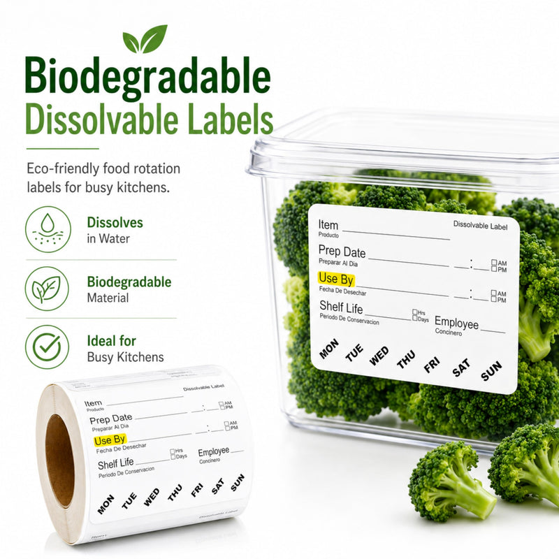 ChromaLabel Dissolvable Food Labels, 2" x 3", 500/Roll, Food Rotation Labels for Prep Date, Use By and Shelf Life, Writable Freezer Safe Labels for Food Containers, Biodegradable, No Residue
