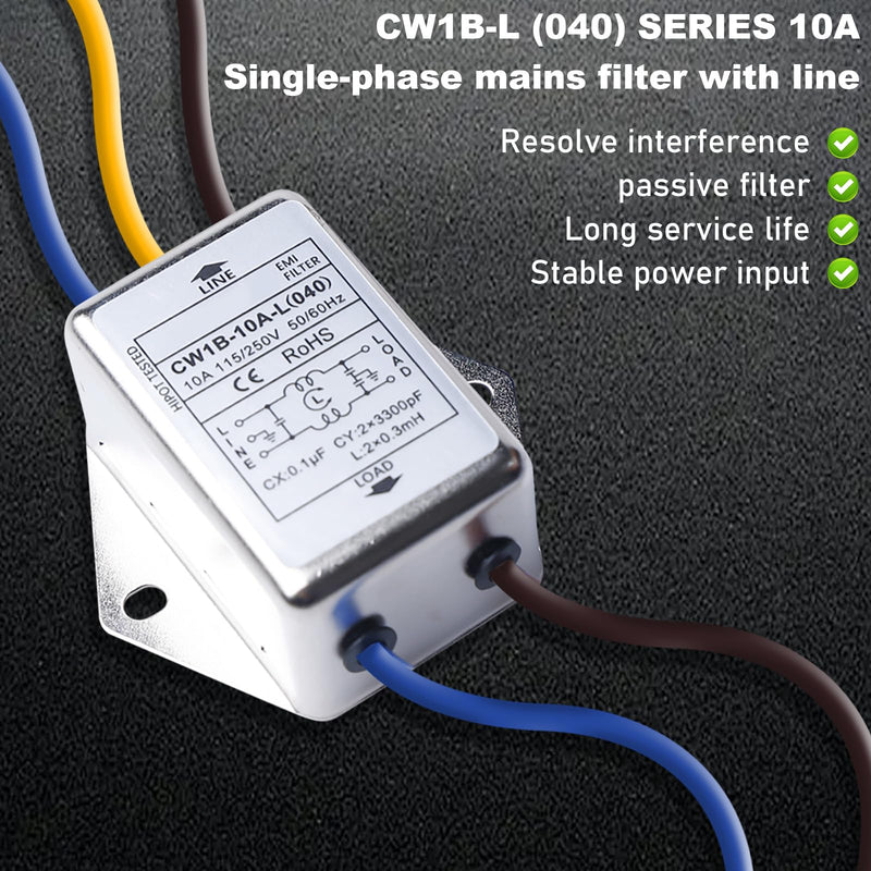 EMI Filter CW1B-10A-L Single-Phase Filter 250V 10A Electromagnetic Interference Filter Mains Filter for Suppressing Continuous and Intermittent Pulse Interference