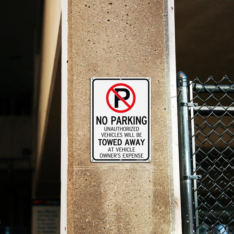 T&R No Parking Sign- Unauthorized Vehicles Towed Away At Vehicle Owner's Expense Sign - 4 Pack - 14"x10" .040 Rust Free Heavy Aluminum, Reflective, Waterproof, Weatherproof and Fade Resistant, 6 pre-drilled holes, Easy to Mount 14" x 10" - 4 Pack