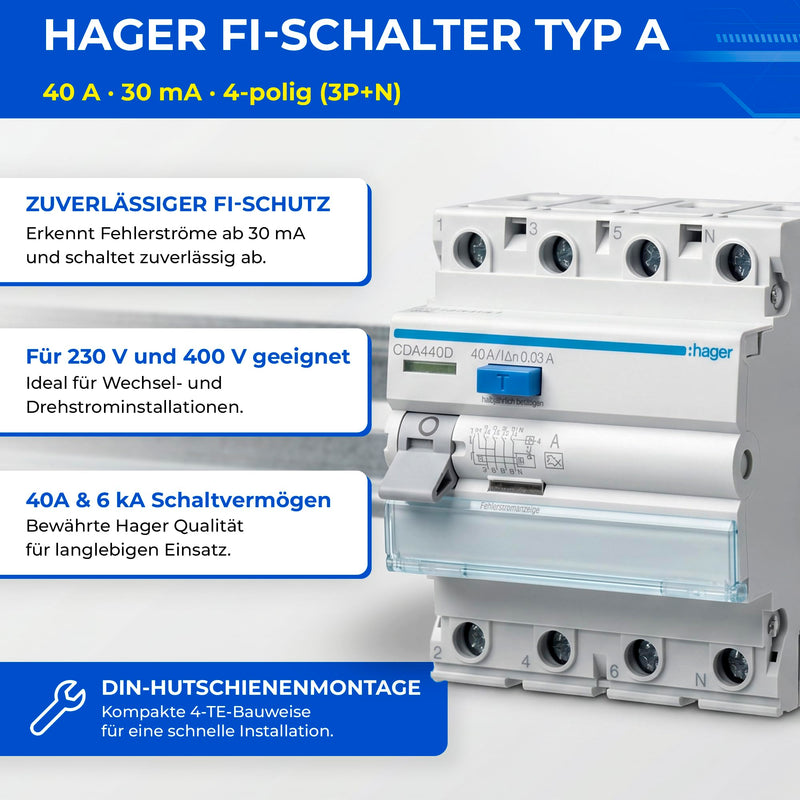 Hager CDA440D Residual Current Circuit Breaker Type A 40A 30mA 4-Pin 3P+N FI Switch 6kA for DIN Rail, RCD Circuit Breaker 230V 400V, Screw Technology QuickConnect, Personal Protection