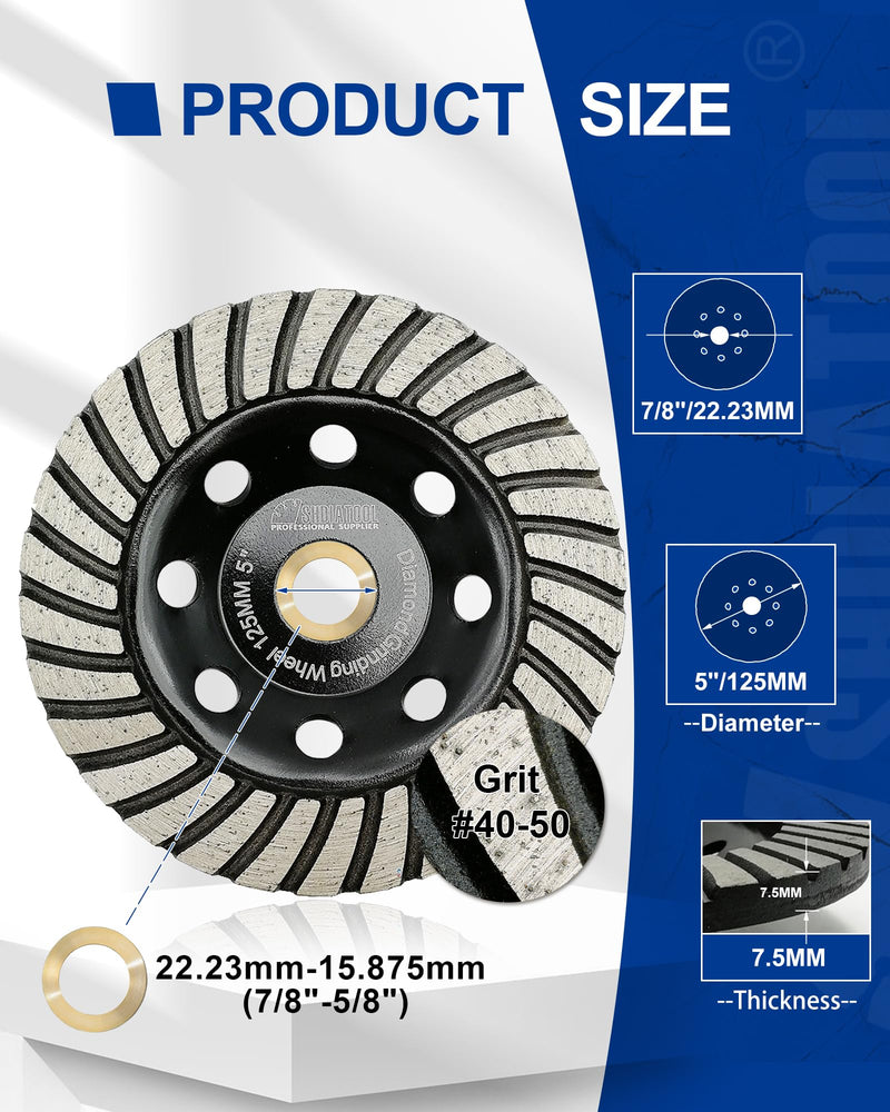 SHDIATOOL 5 Inch Turbo Row Diamond Grinding Cup Wheel for Concrete Granite Marble Masonry Brick Fits 7/8 Inch -5/8 Inch Arbor Turbo Rows