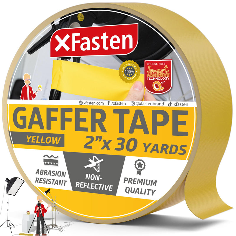 XFasten Yellow Gaffers Tape 2 Inch x 30 Yards, Cable Management Gaffer Tape, Ideal for Indoor, Outdoor Applications, Non-Reflective Matte Gaffing for Photography, Music, Film, Events