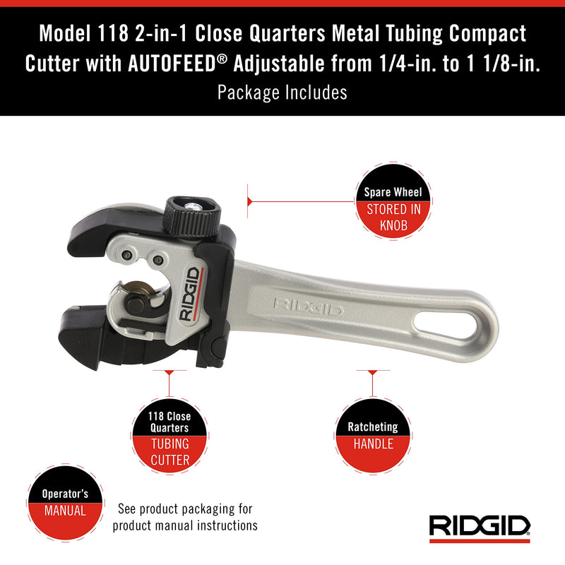 RIDGID 32573 Model 118 2-in-1 Close Quarters Tubing Cutter for 1/4" to 1-1/8" Copper, Brass, and Aluminum Tubing, Compact tubing cutter with AUTOFEED 13 x 6.75 x 2 inches Pliers
