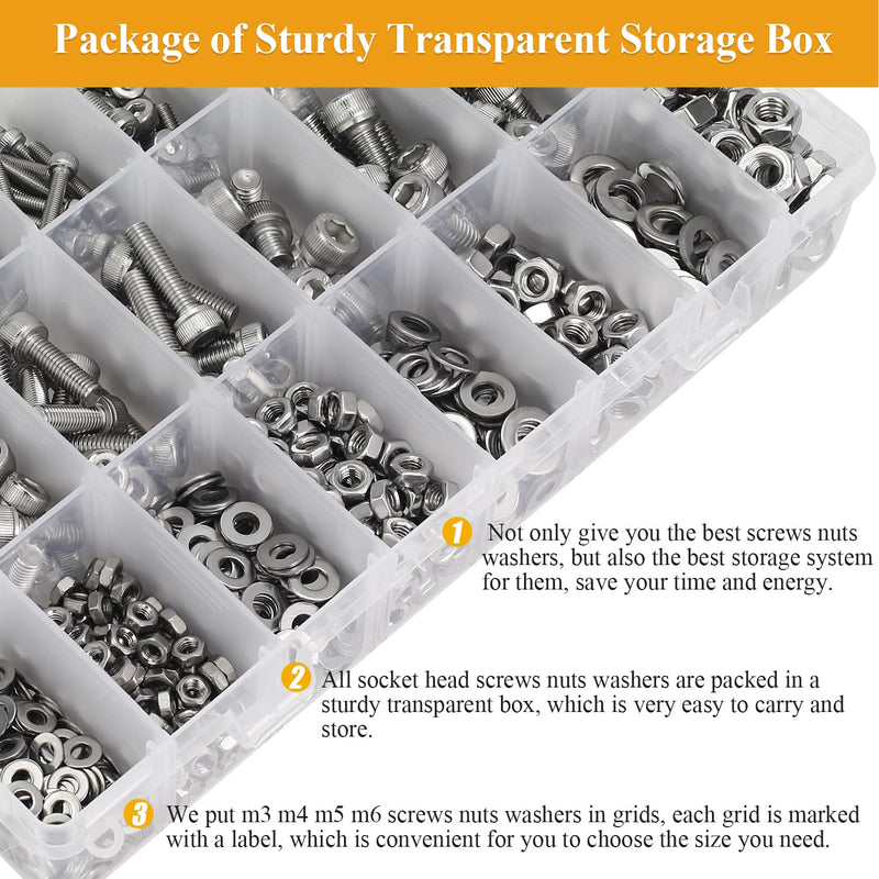 [Australia - AusPower] - 815 Pieces M3 M4 M5 M6 Hex Socket Head Cap Screws Nuts Washers Assortment Kit, Metric Screw Assortment with Hex Wrenches, 304 Stainless Steel, Fully Threaded M3M4M5M6 (815 Pieces) 