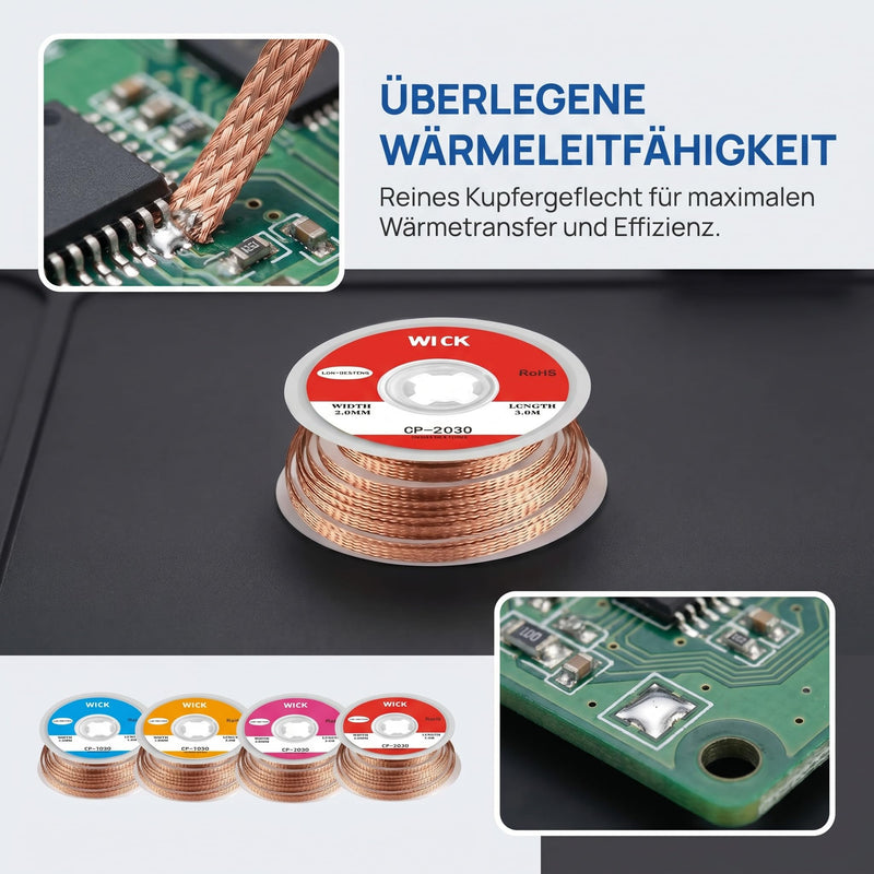 Soldering Wire, 4-Piece Desoldering Braid Set, No-Clean Desoldering Braid, 3M Copper Wire (1.0/1.5/2.0/2.5 mm) Desoldering Wick for Removing Solder and Disassembling Electrical Components | 4 Rollen No-Clean Entlötlitze, 3m Kupfer Entlötdraht (Kupferdr...
