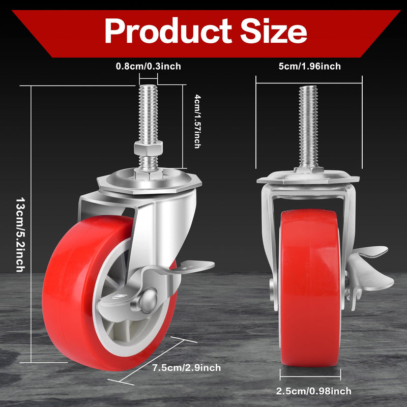[Australia - AusPower] - 3 Inch Heavy Duty Stem Casters Swivel Wheels with Brake - 3/8" -16 x 1-1/2" (Stem Diameter 3/8", Stem Length 1-1/2"),Set of 4 with Locking Threaded Stem Caster Wheels - Load 600lbs 