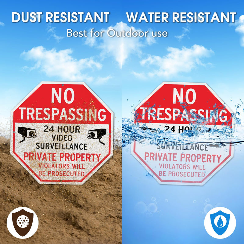 T&R Large No Trespassing Private Property Sign Video Surveillance Sign - 4 Pack - 12"x12" .040 Rust Free Heavy Aluminum, Reflective, Waterproof, Weatherproof and Fade Resistant, 4 pre-drilled holes, Easy to Mount RED - 12"x12" - 4 Pack