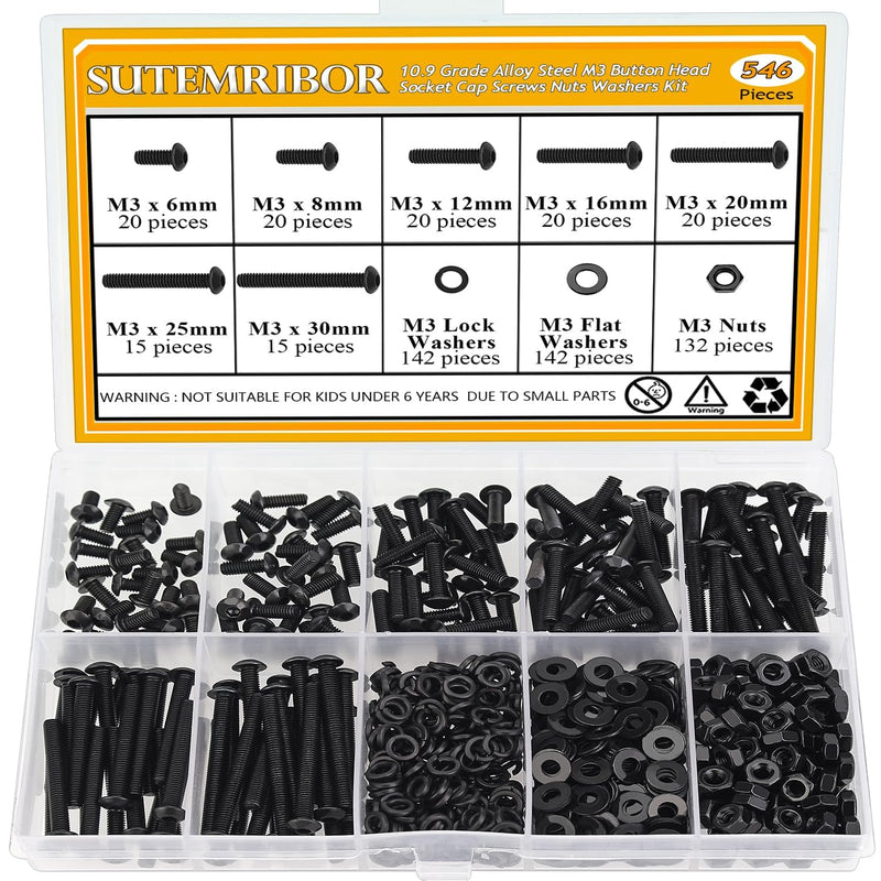 [Australia - AusPower] - 546 Pieces M3 Screws Nuts Washers Set Black, Sutemribor M3 x 6/8/12/16/20/25/30mm Button Head Socket Cap Screws Nuts Washers Assortment Kit, 10.9 Grade Alloy Steel, Fully Threaded 