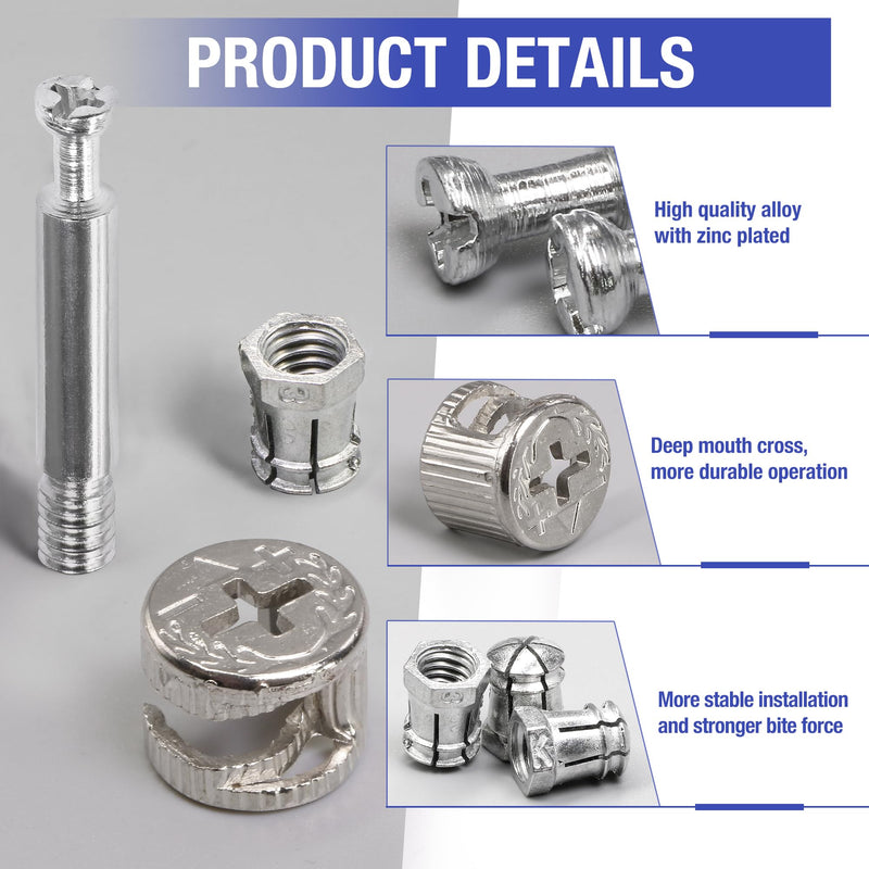 [Australia - AusPower] - 50 Sets Furniture Cam Lock Fasteners, 3-in-1 Cam Locks with Alloy Dowel 1-9/16" / 40mm 50 