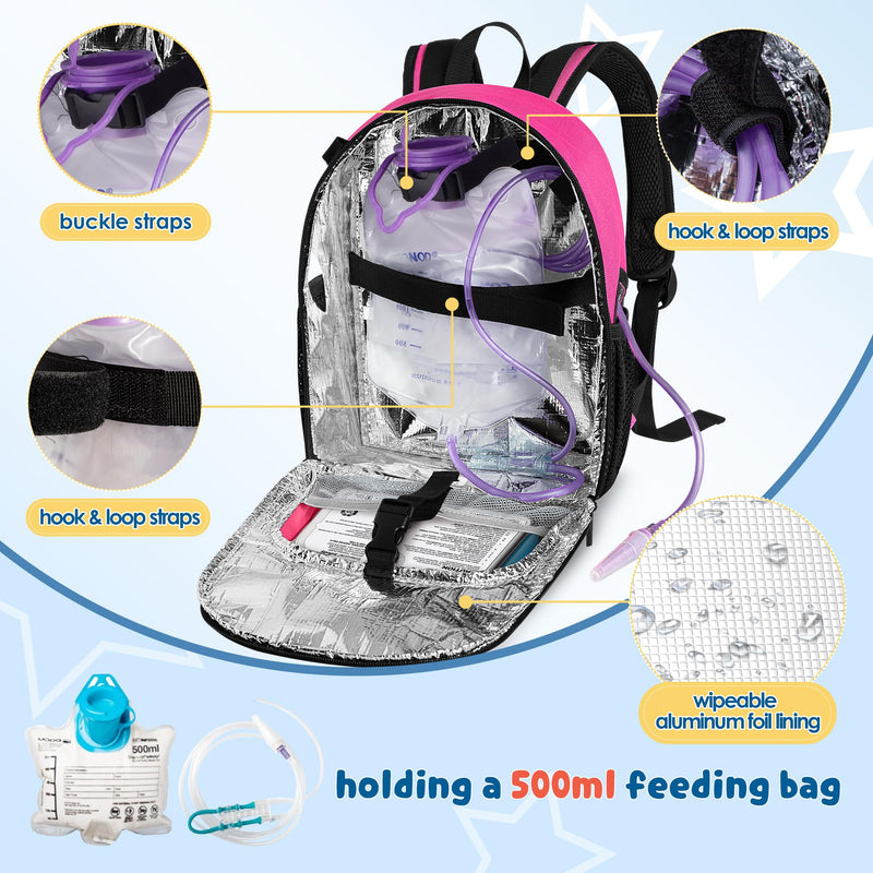 [Australia - AusPower] - LUXJA Feeding Tube Backpack Fits 500ml Bag and Enteral Feeding Pump (Compatible with EnteraLite Infinity and Kangaroo Joey), Feeding Tube Bag for G Tube, J Tube and GJ Tube, Red Rose 