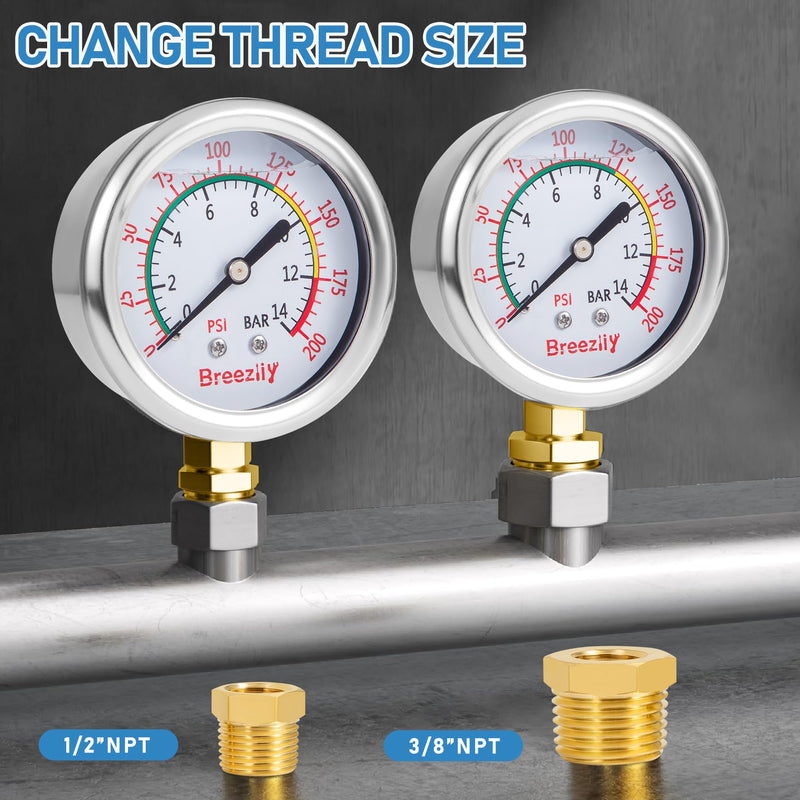 [Australia - AusPower] - Water Test Pressure Gauge Kit,2.5" Dial+12" EPDM Rubber+1/4" Lead-Free Valve+1/4 to 3/4 Adapter,0-200PSI/0-1.4MPA（Stainless Steel/Color） Red Kit 