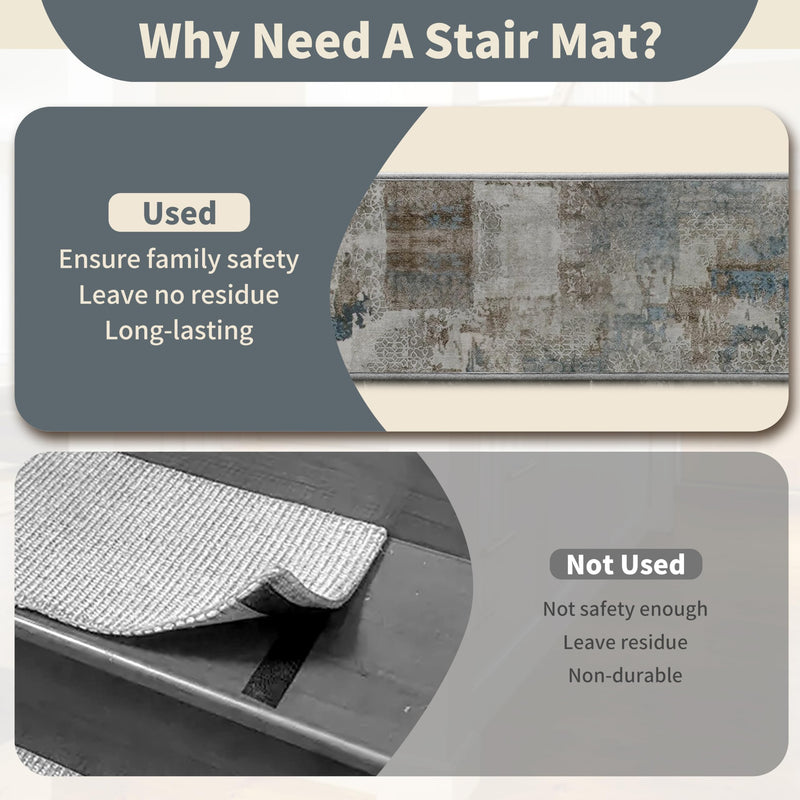 Non-Slip Carpet Stair Treads 4PCS, 8"x30" Peel and Stick Stair Runner for Wooden Steps Indoor, Washable Reusable Adhesive Backing, Pet-Friendly Safety Mats for Kids, Elders, Dogs 8inch x 30inch Slate Blue l Olive Brown 4