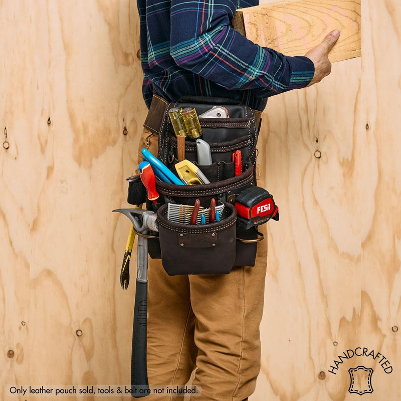 FESA Leather Carpenter Tool Pouch - 10-Pocket Heavy Top Grain Leather Carpenter Pouch with 2 Hammer Loops, Tape Clip, Large & Small Pockets - Fits Work Belts up to 3" - Handcrafted Brown