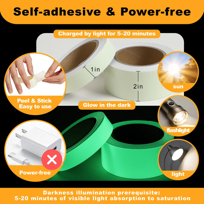 High Brightness Glow in the Dark Tape for Safety Marking, Art Craft DIY, Christmas Deco and Party Accessories. Non-Toxic Adhesive, Waterproof Rechargeable Luminous Tape (1 in X 30 ft) Yellow-Green Light 1 in X 30 ft