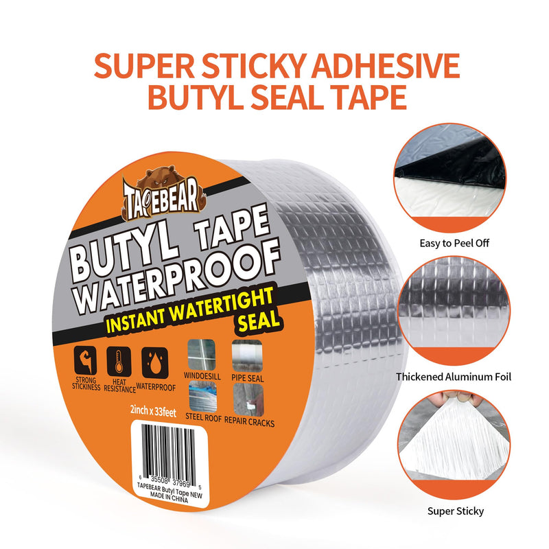 [Australia - AusPower] - Butyl Tape Waterproof Sealant Tape 2inch x33feet, Aluminum Foil Duct Sealing Tape for RV Roof Repair, Boat and Pipe Sealing, Silicone, Glass & EDPM Roof Leak Patching, Silver 1 