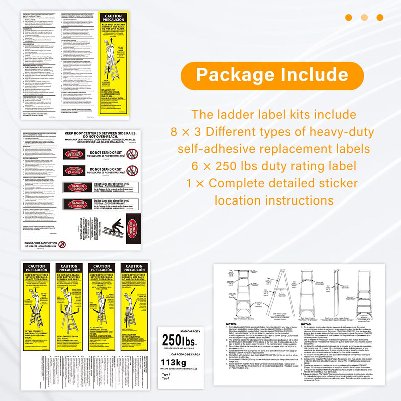 8 Pcs 250 LB Step Ladder Safety Labels Kits Compatible with Werner Ladder Safety Labels for All Type 1 250 Load Capacity Stepladders, Fiberglass Ladder Weight Stickers