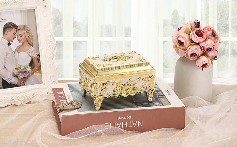 ELLDOO Vintage Music Box, Beige Metal Musical Jewelry Box Keepsake Box, Small Trinket Jewelry Storage Box Gift for Girl Women (Tune: You are My Sunshine), Gold Rose Pattern