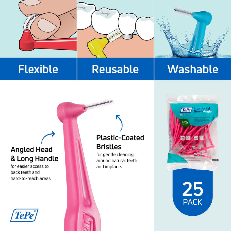 [Australia - AusPower] - TEPE Interdental Brush Angle, Angled Dental Brush for Teeth Cleaning, Pack of 25, 0.40 mm, Extra-Small/Small Gaps, Pink, Size 0 