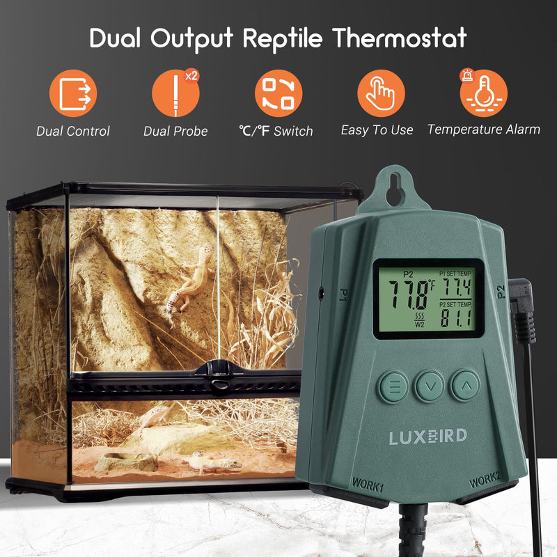 [Australia - AusPower] - LUXBIRD Reptile Thermostat Controller (250w Per Outlet), Digital Thermostat for Turtles, Lizards, Frogs, and Other Reptiles (Power Off Memory New) LB-2SC New Ver. 