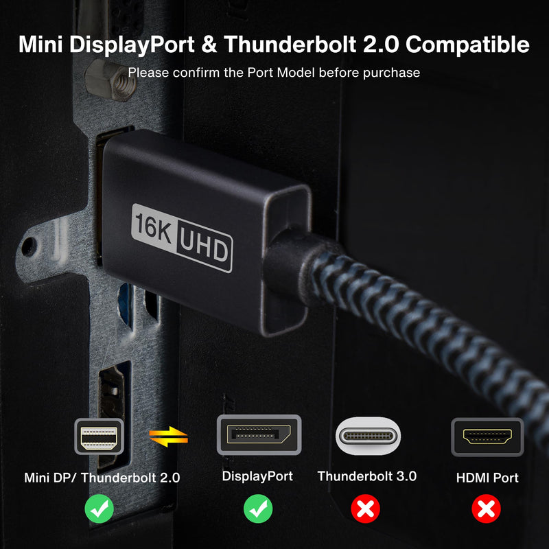 IVANKY 16K Mini DisplayPort to DisplayPort 2.1 Cable 10ft, 80Gbps [16K@60Hz, 8K@120Hz, 4K@240Hz] HDR, Bi-Directional Mini DP to DP Cable [Thunderbolt 2] 24K Gold-Plated, Aluminum Shell Braided for PC 10 Feet Grey