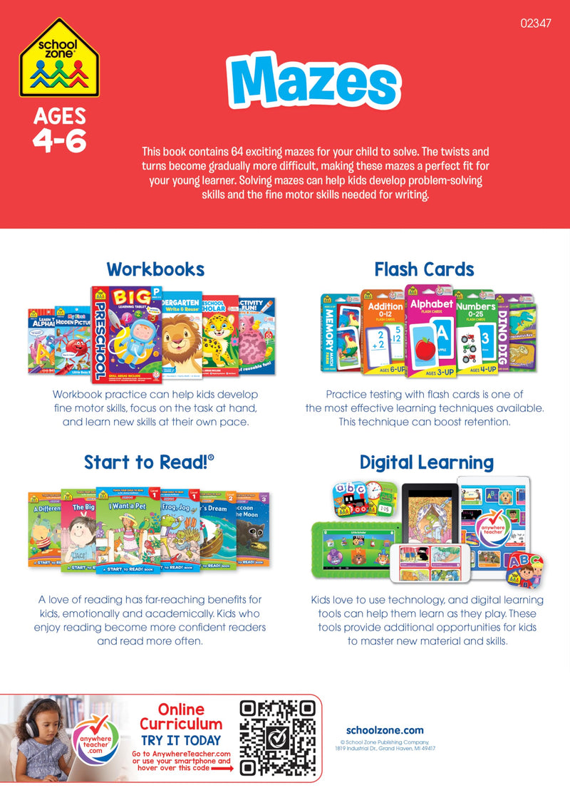[Australia - AusPower] - School Zone Mazes Workbook: 64 Pages, Preschool, Kindergarten, 1st Grade, Maze Puzzles, Follow Paths, Problem-Solving, Ages 4-6 (Activity Zone Book Series) 