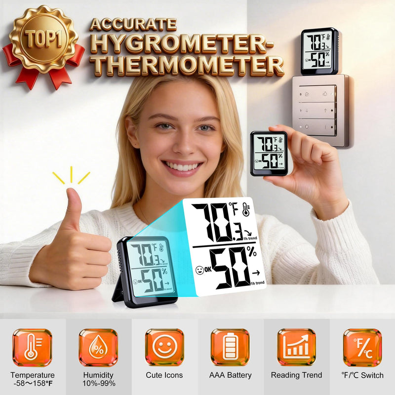 Room Thermometer Indoor Hygrometer Humidity Meter Gauge Digital Temperature and Humidity Sensor Monitor for Home Office House Pets Plants - AAA Battery Included Black - Upgraded Version 1 - Pack