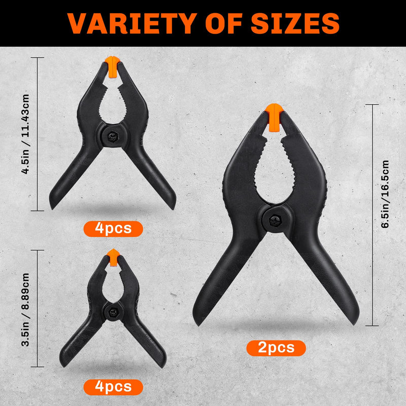 [Australia - AusPower] - 10 Pack Spring Clamps Heavy Duty - Assorted Sizes Spring Clips Plastic 6.5 Inches, 4.5 Inches, 3.5 Inches Set - Backdrop Clips Small Clamps For Crafts Woodworking Background 