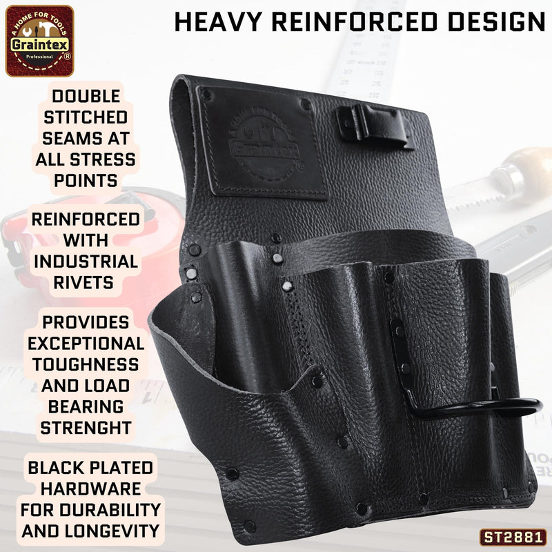 Graintex Drywall Pouch Heavy Duty Top Grain Leather, Steel Hammer Holder, Drywall Tool Belt, Framers Tool Pouch, Construction, Carpenter, Electricians, Ideal for Tradesmen Black Rugged Right Handed