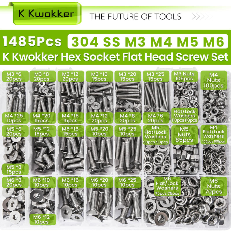 [Australia - AusPower] - 1023PCS M3 Hex Socket Machine Screws + 1485Pcs M3 M4 M5 M6 Hex Flat Head Metric Bolt Assortment 