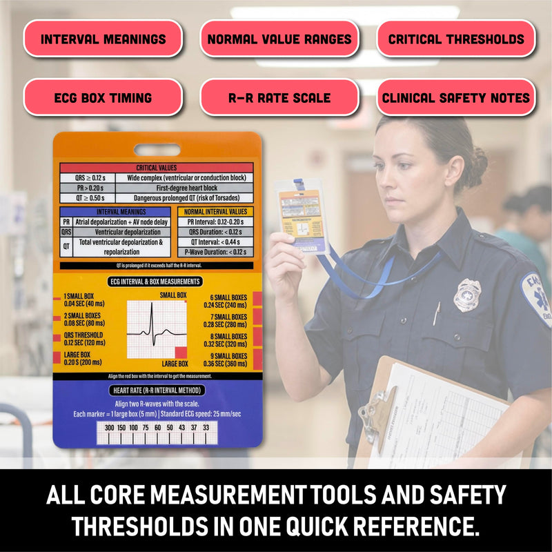 EKG Rhythm Interpretation Badge Card - Rhythm Strips & Shockable Guide | Dual Sided Interval Values & R to R Rate Scale for Nursing Telemetry Students | Included Lanyard Badge Holder | 3.54” x 5.12”