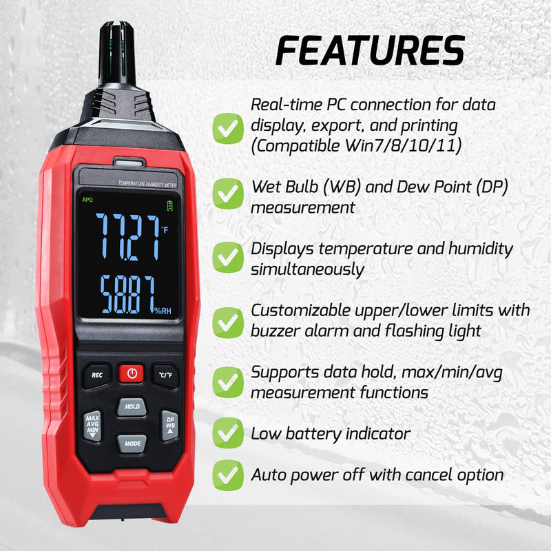 Humidity and Temperature Meter Data Logger Digital Psychrometer HVAC, Wet Bulb Thermometer Record 4000pcs Data and Export, Large LCD Humidity Tester Dew Point Meter with Indicator and Buzzer Alarm