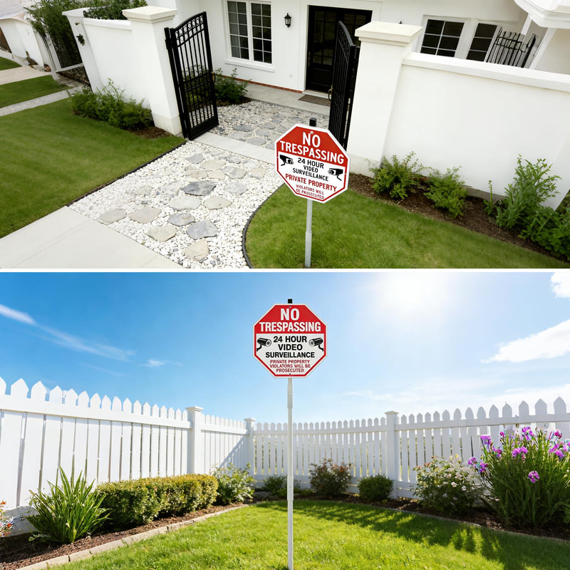 Large No Trespassing Signs Private Property Video Surveillance Sign with 42" Stake for Outside - 3 Pack - 12"x12" Engineering Grade Reflective Film, 050 Rust Free Aluminum, Reflective, Waterproof, Fade