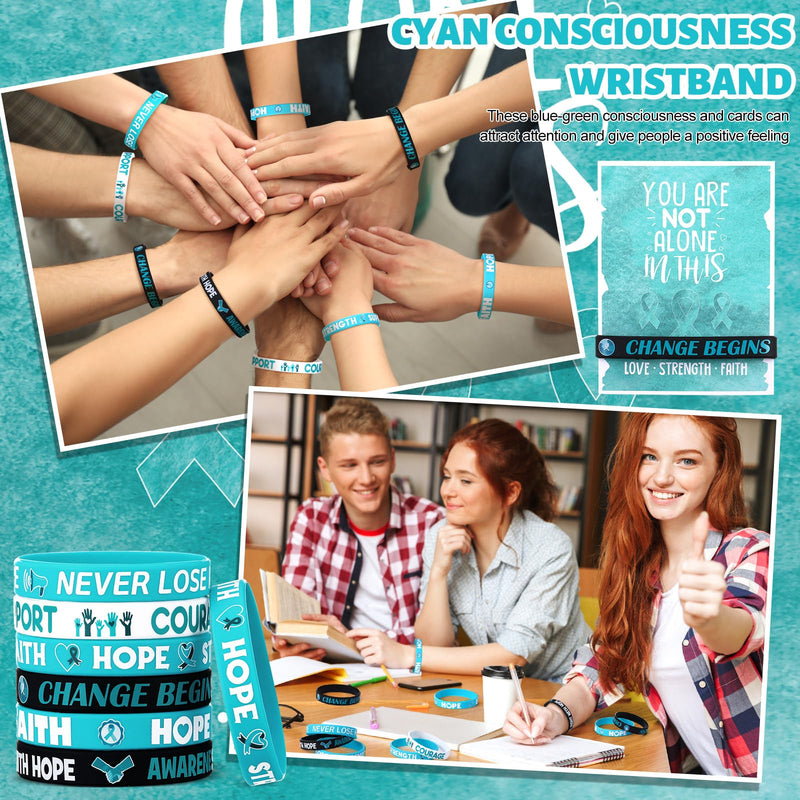 [Australia - AusPower] - 30 Sets/ 60 Pcs Teal Ribbon Awareness Silicone Wristbands with Cards Include 30 PTSD Awareness Wristband 30 You Are Not Alone Card for PTSD Assault Anxiety Disorder Ovarian Cancer Awareness 