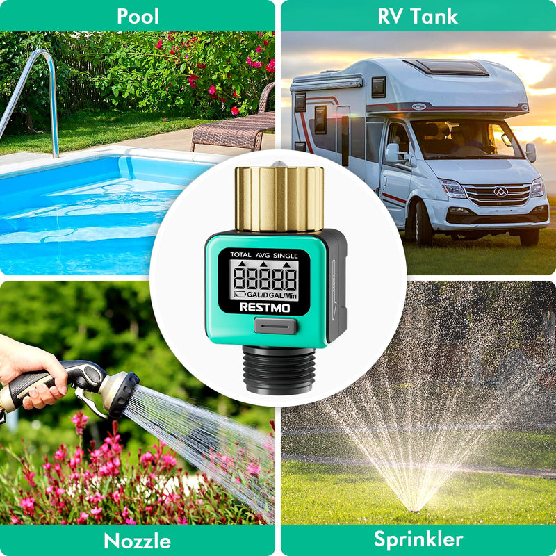 RESTMO Water Flow Meter with Brass Inlet Metal Thread, Measure Gallon/Liter Consumption and Flow Rate for Outdoor Garden Hose Watering, RV Water Tank Filling, Lawn Sprinkler and Nozzle Sprayer 1