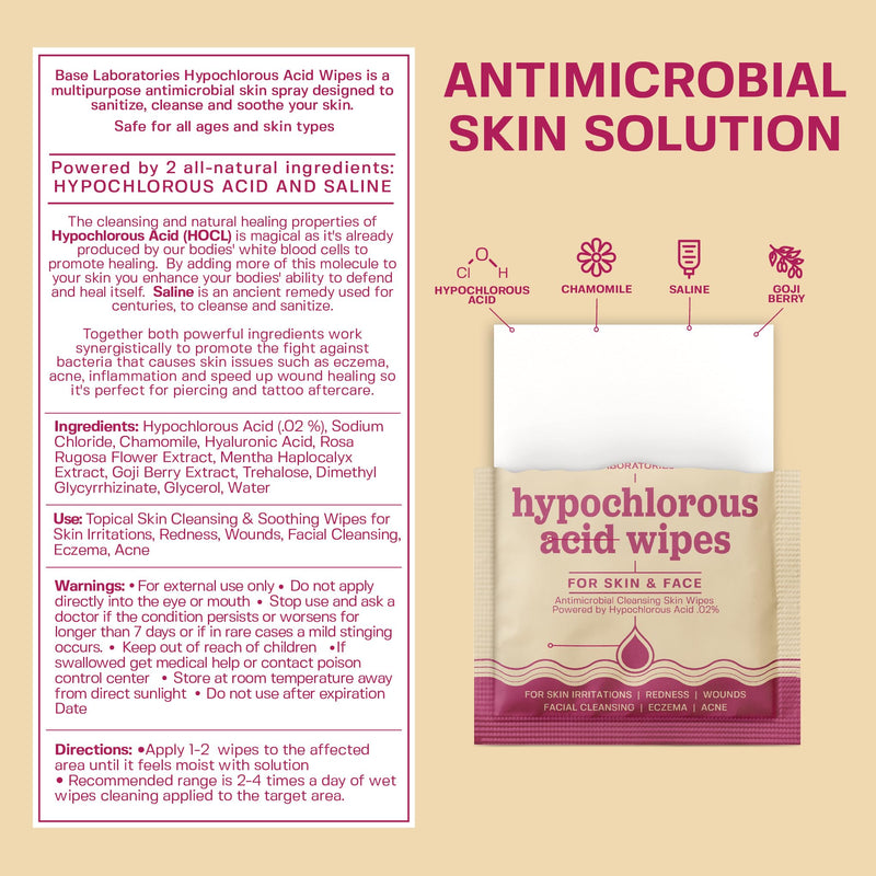 [Australia - AusPower] - BASE LABORATORIES Hypochlorous Acid Wipes | Saline Solution and HOCl Infused Wound Cleaning Wipes for Skin & Face | Cleanses, Sanitizes & Soothes Skin Irritations, Piercings, Acne & Eczema | 75 Wipes 75 Count (Pack of 1) 
