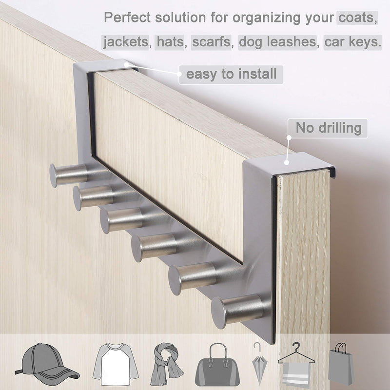 [Australia - AusPower] - WEBI Over The Door Hook Door Hanger:Over The Door Towel Rack with 6 Peg Hooks for Hanging,Door Coat Hanger Towel Hanger Over Door Coat Rack for Clothes,Back of Bathroom,Silver 1 Pack Silver 