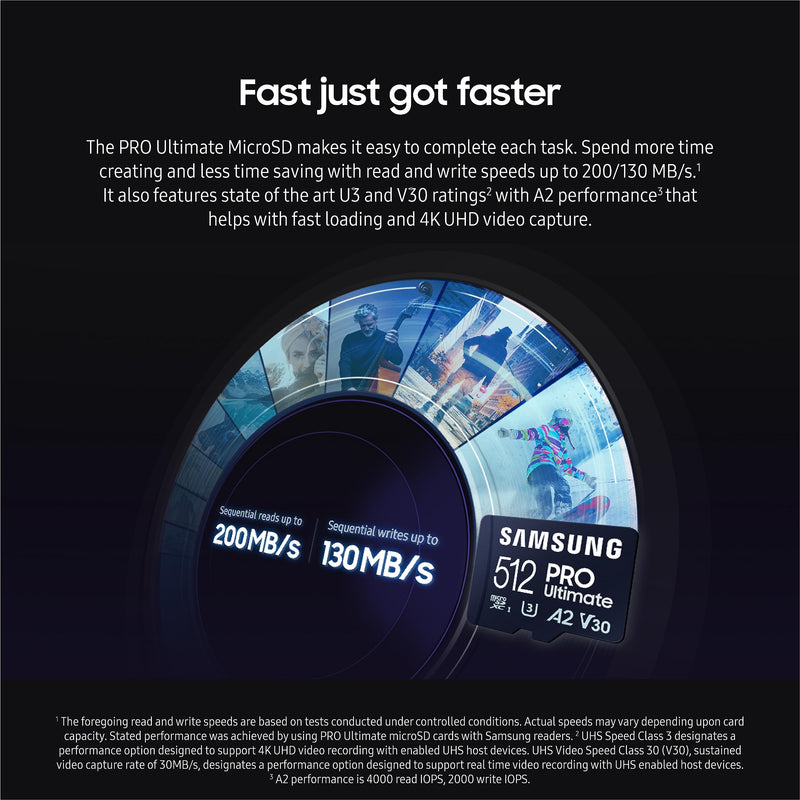 [Australia - AusPower] - SAMSUNG PRO Ultimate microSD Memory Card + Adapter, 512GB microSDXC, Up to 200 MB/s, 4K UHD, UHS-I, Class 10, U3,V30, A2 for GoPRO Action Cam, DJI Drone, Gaming, Phones, Tablets, MB-MY512SA/AM Micro SDXC PRO Ultimate (200MB/s) 