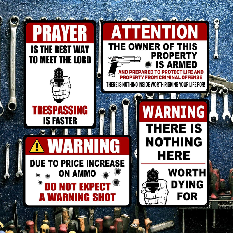 4 Pack Funny No Trespassing Sign Gun Signs No Tresspassing Private Property Metal Tin Signs Warning Signs For Property Warning Signs For Home Funny No Trespassing Signs Private Property 8x12 Inch white black