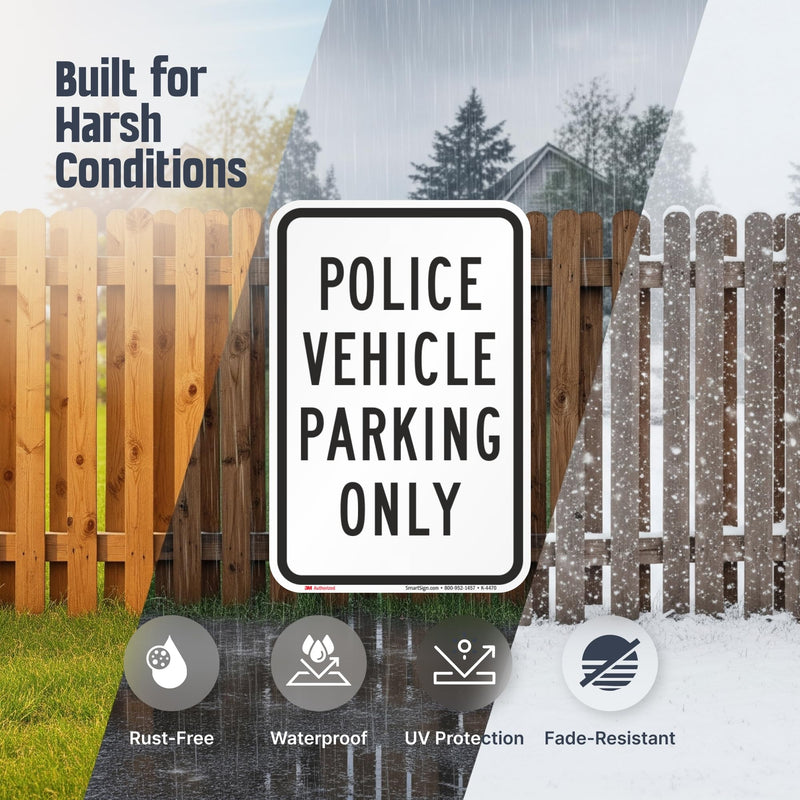 SmartSign Police Vehicle Parking Only Sign (2-Pack), 18 x 12 inch, 80 mil thick Aluminum Composite (ACM), Pre-Drilled Holes, White and Black, Made in USA