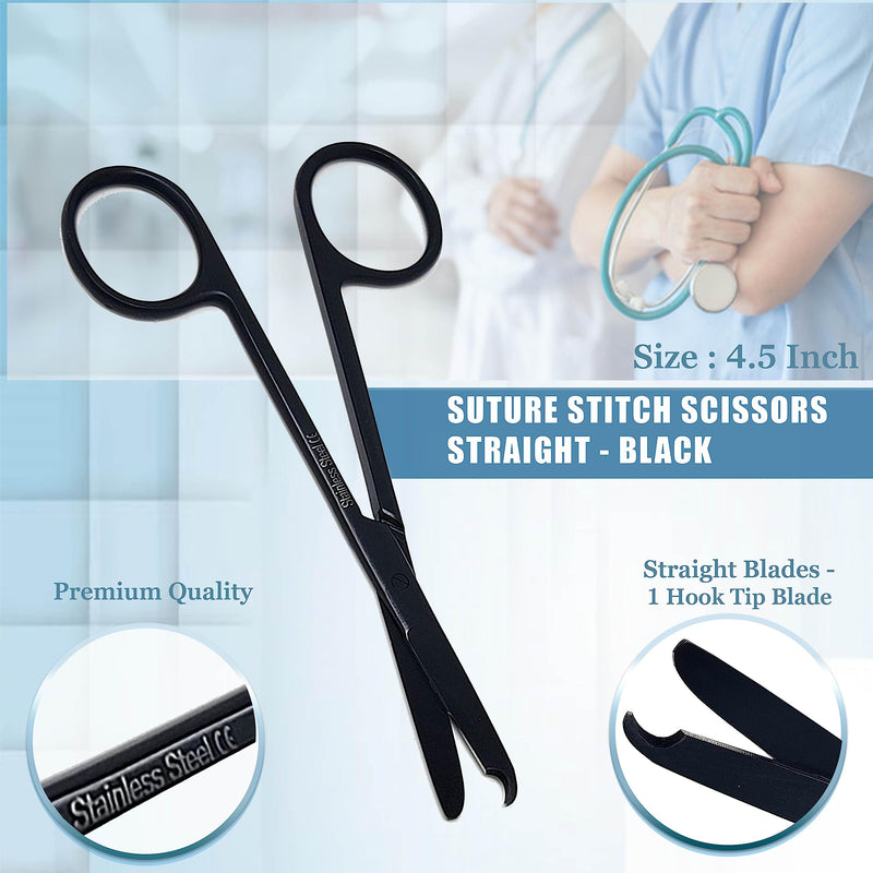 [Australia - AusPower] - Suture Stitch Scissors 4.5" with Crescent Delicate Hook- Perfect for Suture Removal, First Aid, EMS Training and More Premium Quality Instrument- Stainless Steel (Tactical Black) Tactical Black 