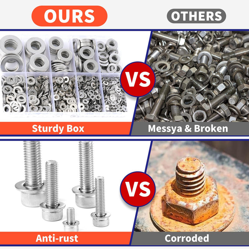 [Australia - AusPower] - 1100 Pcs Flat Washers Assortment Kit – 304 Stainless Steel, 9 Metric Sizes (M2–M12), Metal Washers for Screws and Bolts – Ideal for Automotive, Construction, Industrial, and DIY Use Flat Washers-1100Pcs 