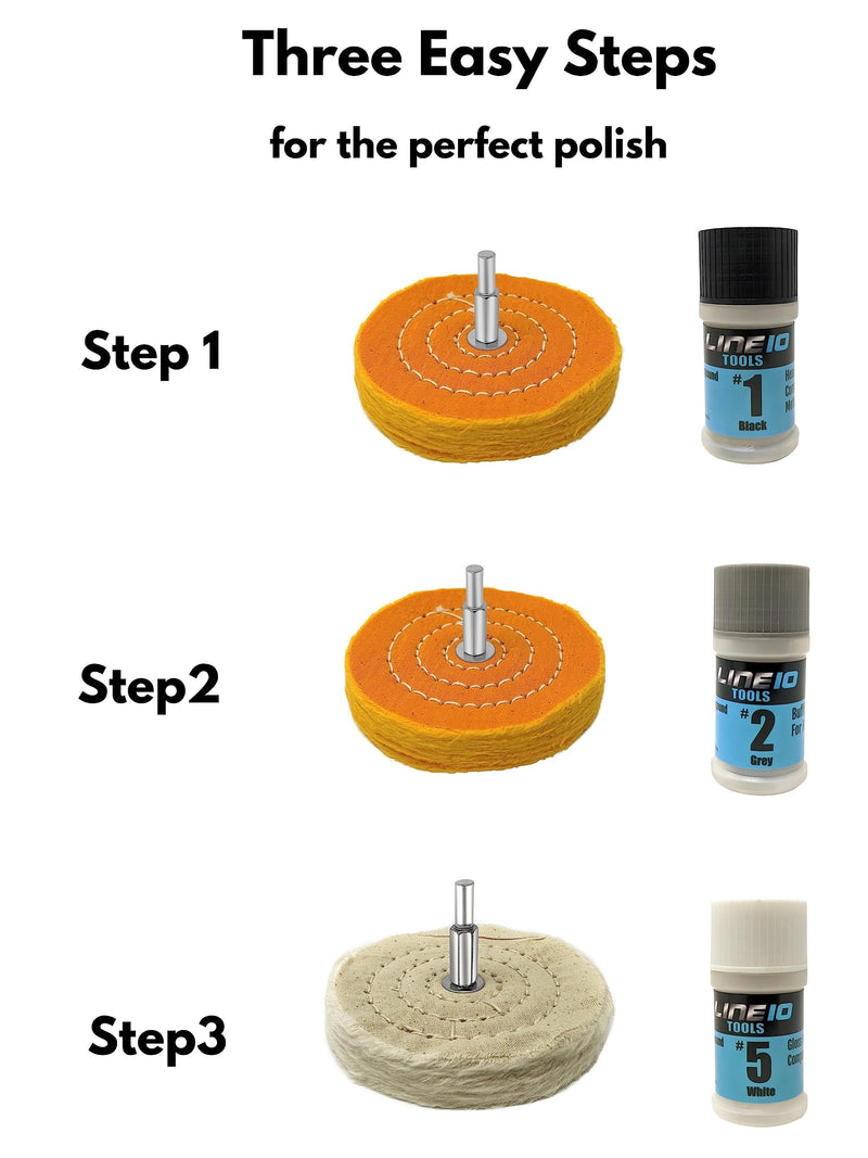 [Australia - AusPower] - LINE10 Tools Metal Buffing Polishing Kit for Drill 4" Buffing Wheels, 3-Step Polishing Compound for Aluminum, Chrome, Stainless Steel Perfect for Auto Wheel, Rim, Trim, Jewelry, Golf Club Restoration 