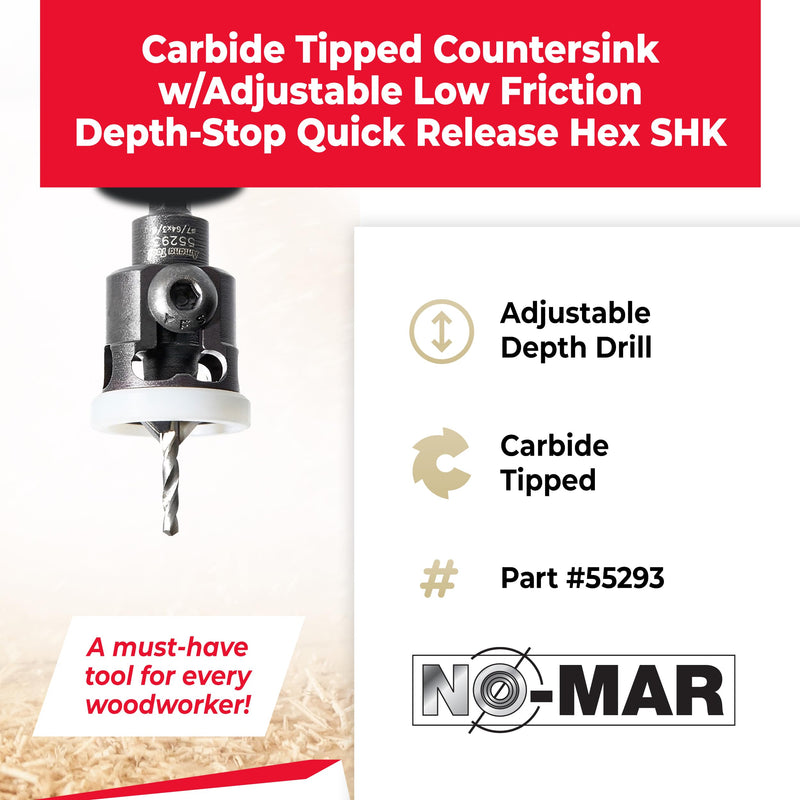 Amana Tool 82 Degree Countersink with Adjustable Low Friction Drill Bit Depth Stop, 55293, 3/8 D x 7/64 Drill D x 1/4 Inch Quick Release Hex Shank