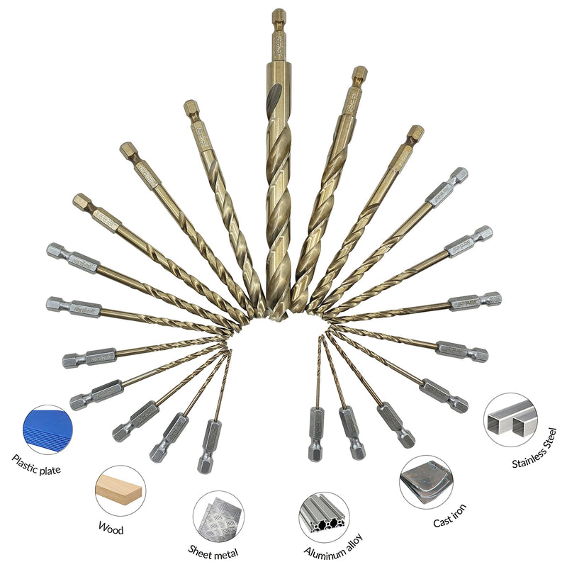 NordWolf 21-Piece M35 Cobalt Drill Bit Set for Stainless Steel, Hard Metals & Cast Iron, Jobber Length with 1/4" Hex Shank, SAE Sizes 1/16" to 1/2" in Storage Case 1/16" to 1/2" (21 Pcs)